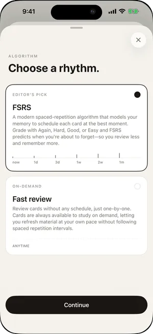 Vocaby spaced-repetition settings letting you choose the FSRS review rhythm or fast on-demand review