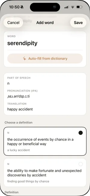 Vocaby add-word screen auto-filling the definition, pronunciation, and examples for a new word