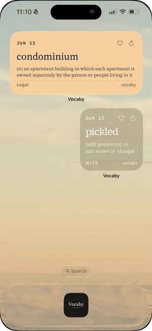 Vocaby home-screen widgets on iOS showing a word of the day with definition and pronunciation