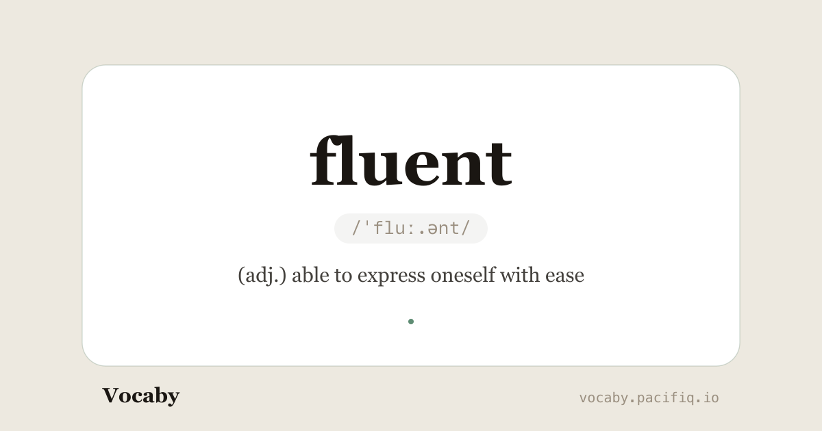 The word fluent surrounded by floating words, representing learning vocabulary with translations or English definitions